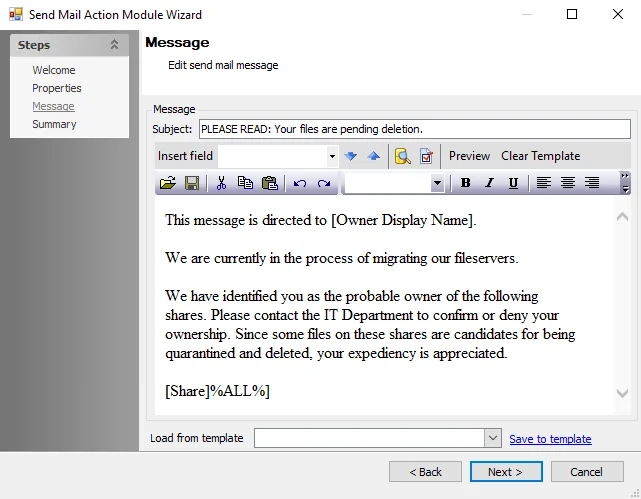 Send Mail Action Module Wizard Message page