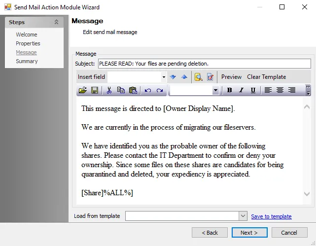 Send Mail Action Module Wizard Message page