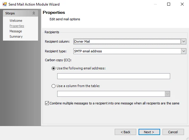 Send Mail Action Module Wizard Properties page