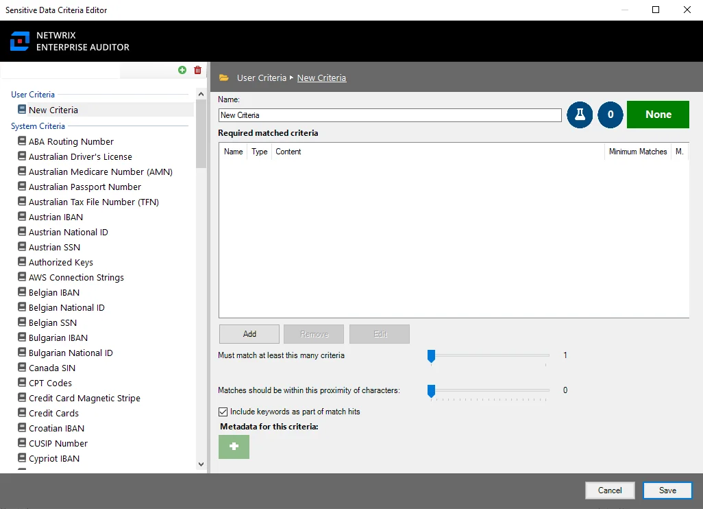 Sensitive Data Criteria Editor