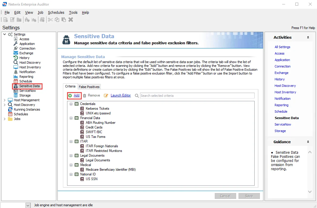 FSAA Data Collector Wizard Sensitive Data Settings page