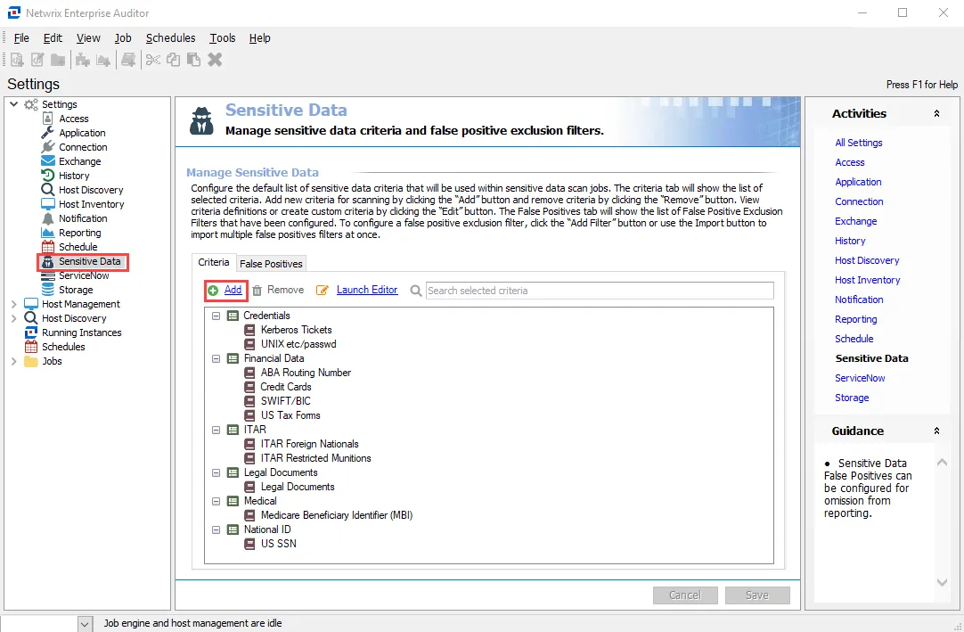 Sensitive Data settings