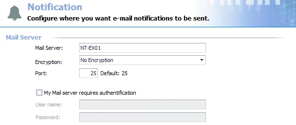 Mail Server settings on Notification page