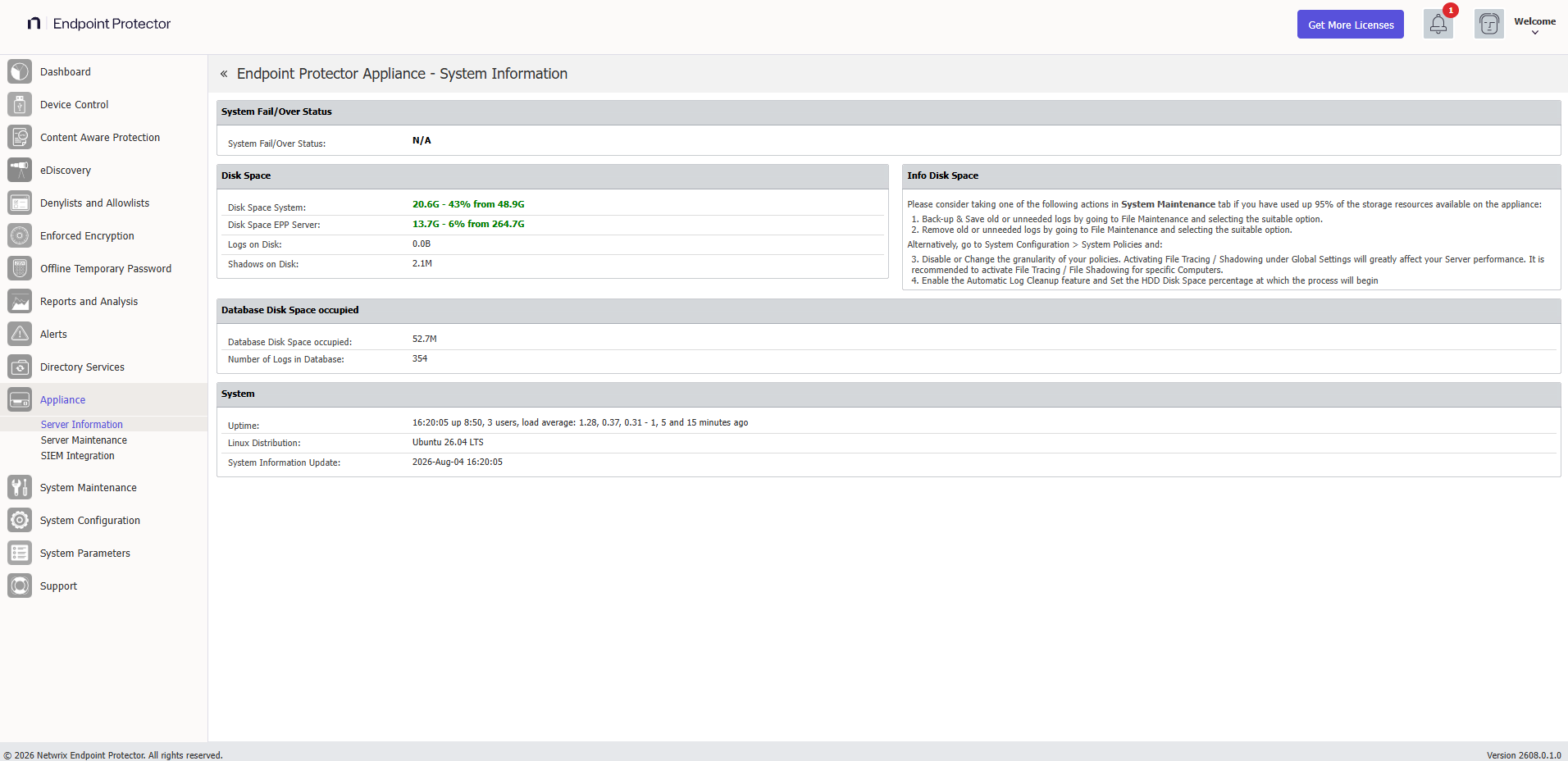 Appliance → Server Information — license