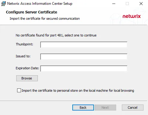 AIC Setup Wizard Configure Server Certificate page