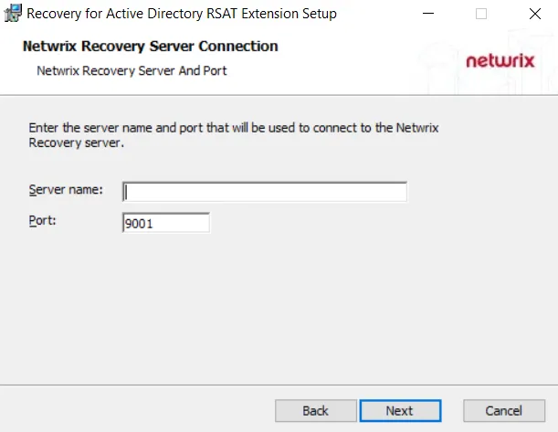 RSAT Extension Installation Wizard - Netwrix Recovery Server Connection page