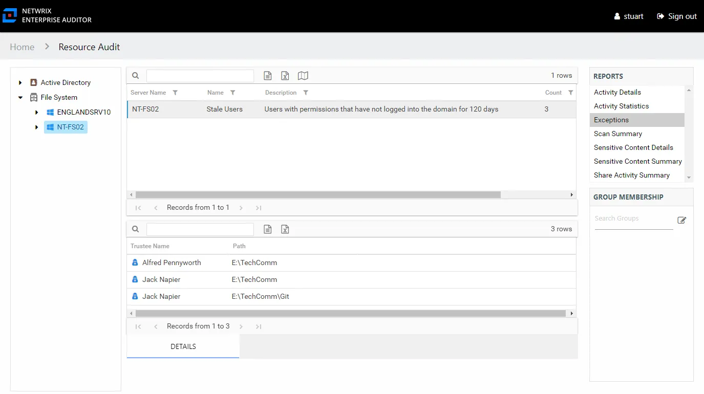 Exceptions report at the server level