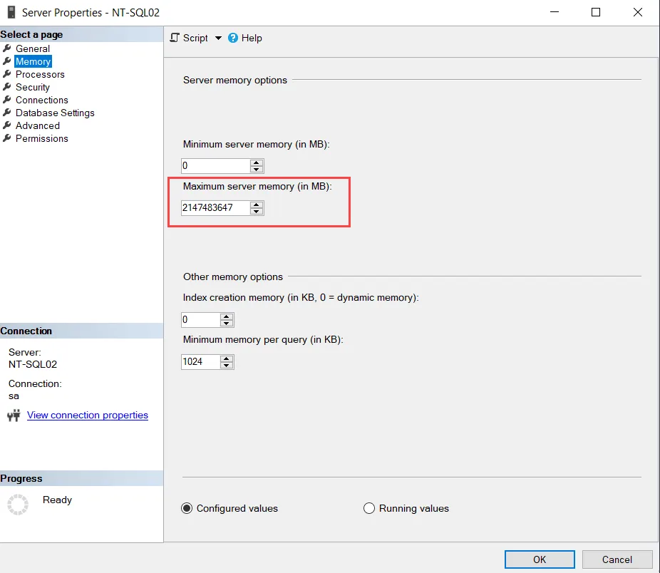 Server Properties window