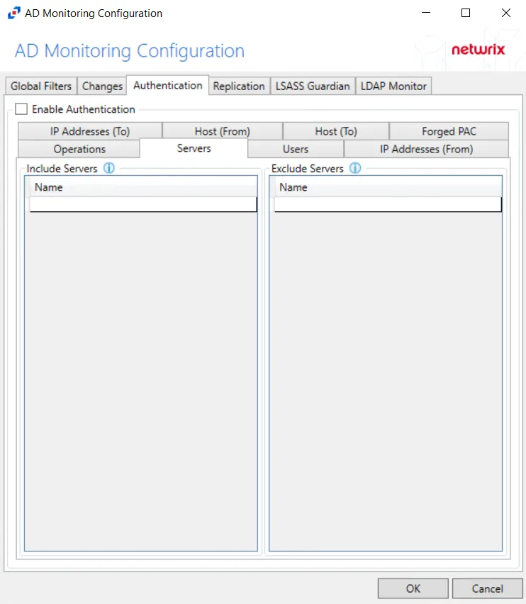 Servers Tab in the Authentication Tab