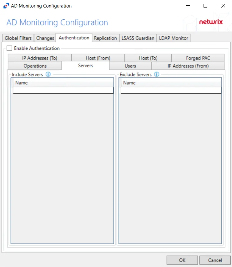 Servers Tab in the Authentication Tab