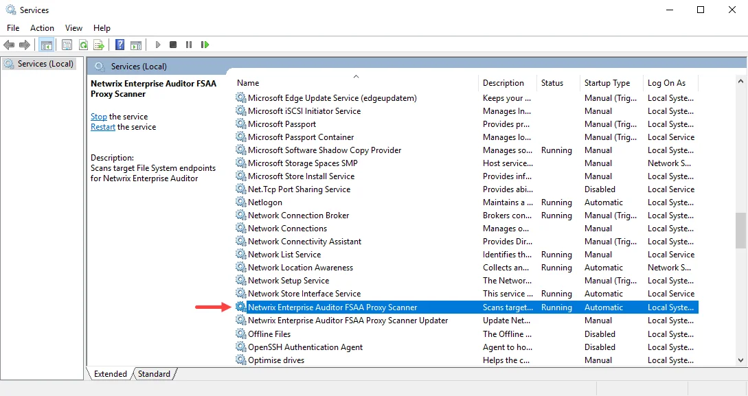 Netwrix Enterprise Auditor FSAA Proxy Scanner service in the Services Management Console