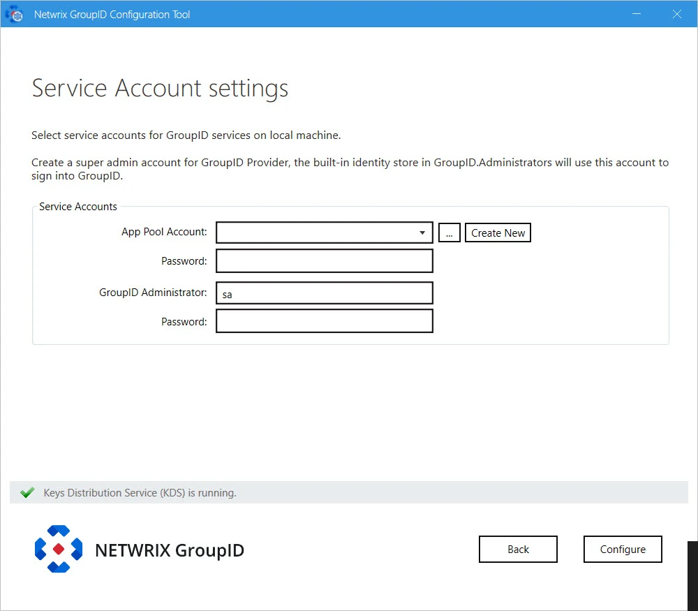 Service Account Setting page