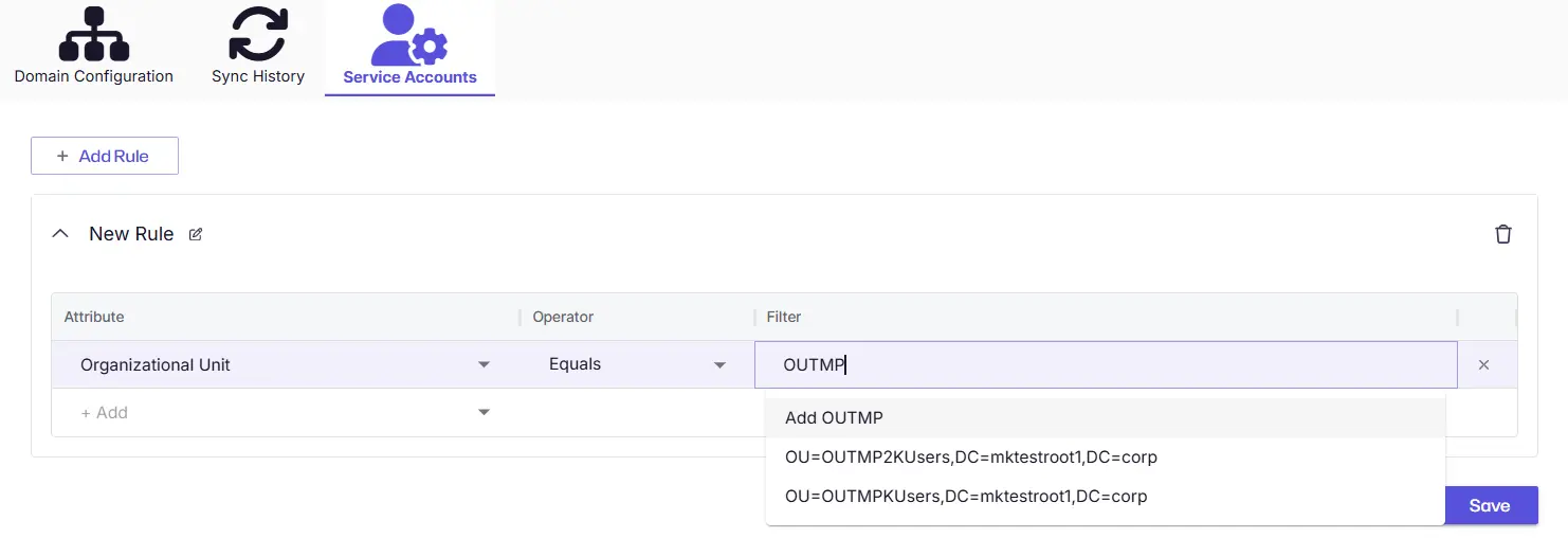 Active Directory Sync details page for a specific domain showing the Service Accounts tab