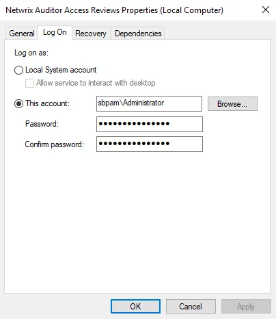 Netwrix Access Information Center service Properties window with Select User browser window