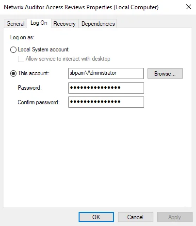 Netwrix Access Information Center service Properties window with Select User browser window