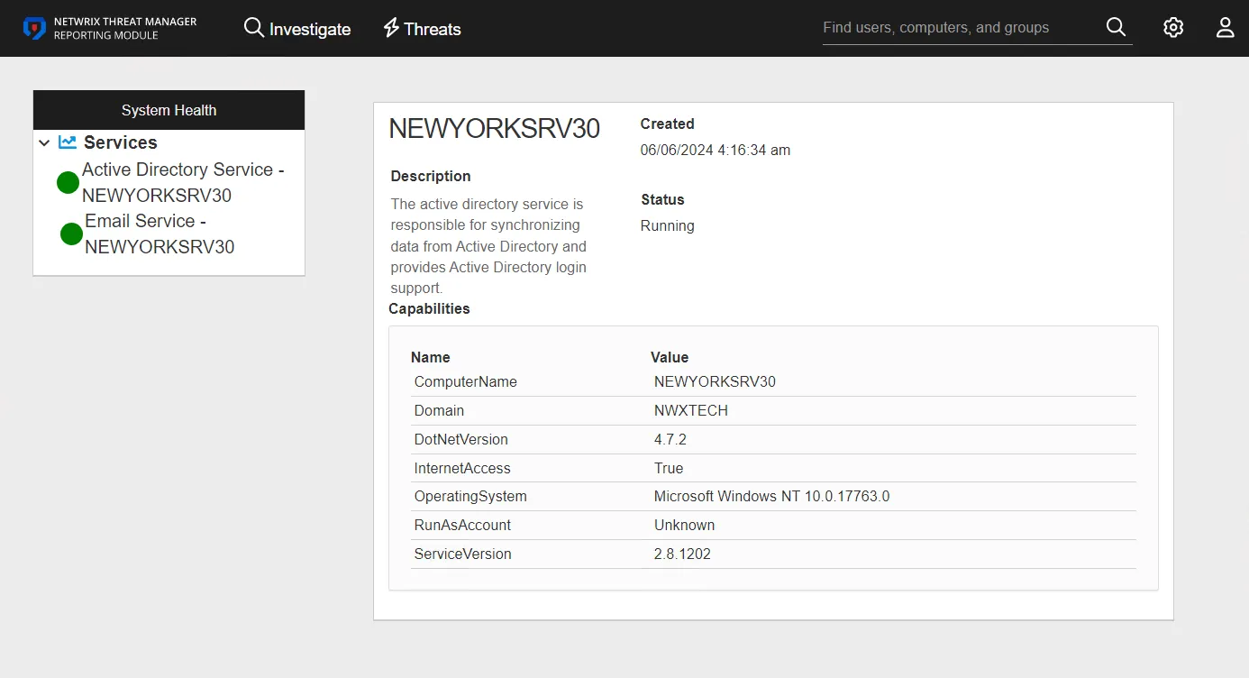 System Health interface displaying the details for a Service
