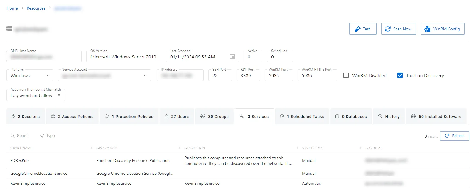 Services Tab for Host Resource