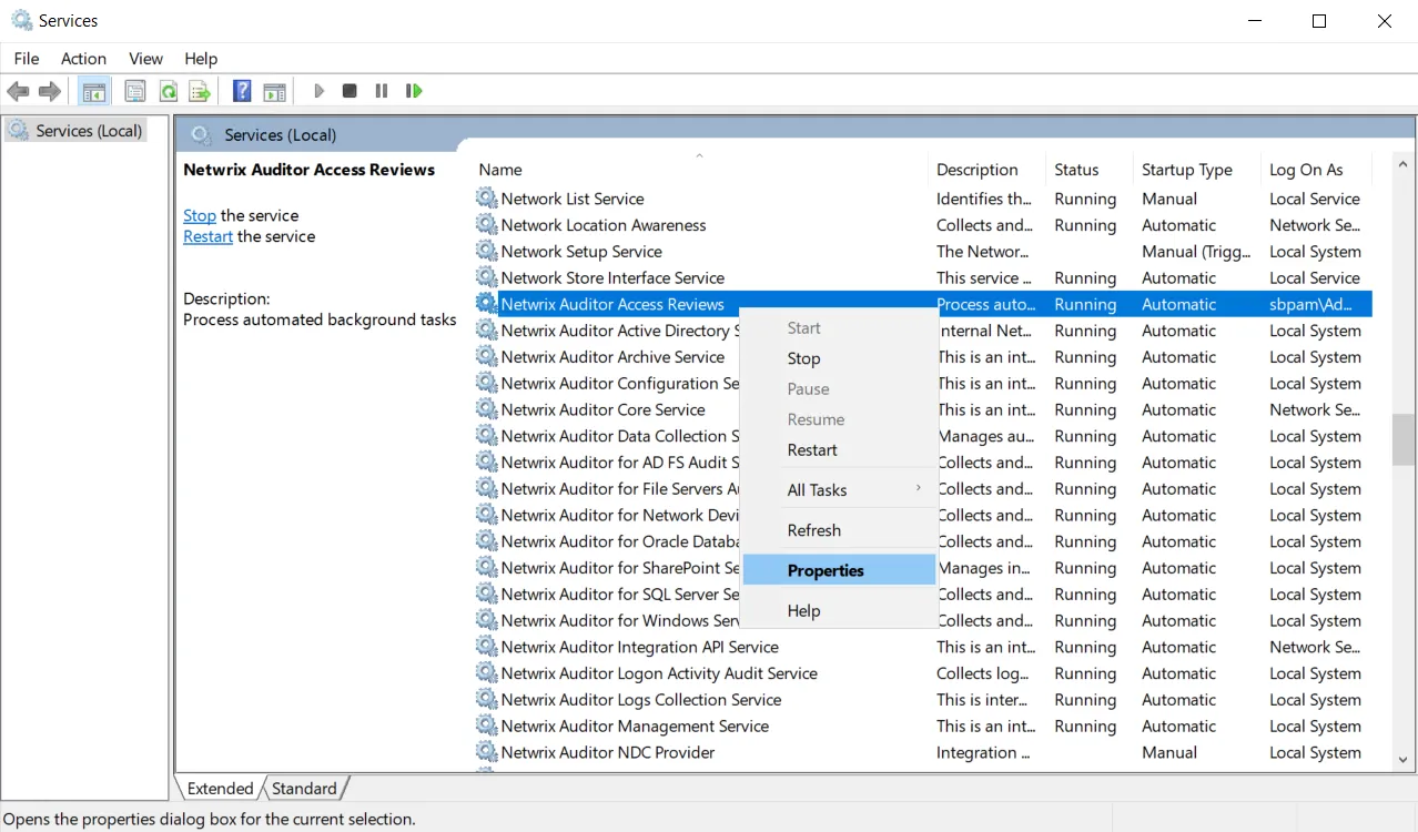 Services Manager Console showing the Netwrix Access Information Center service and the right-click Menu
