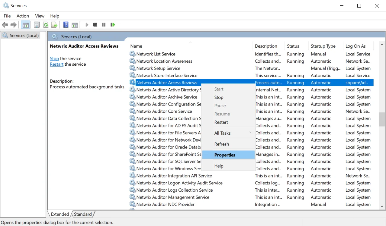 Services Manager Console showing the Netwrix Access Information Center service and the right-click Menu