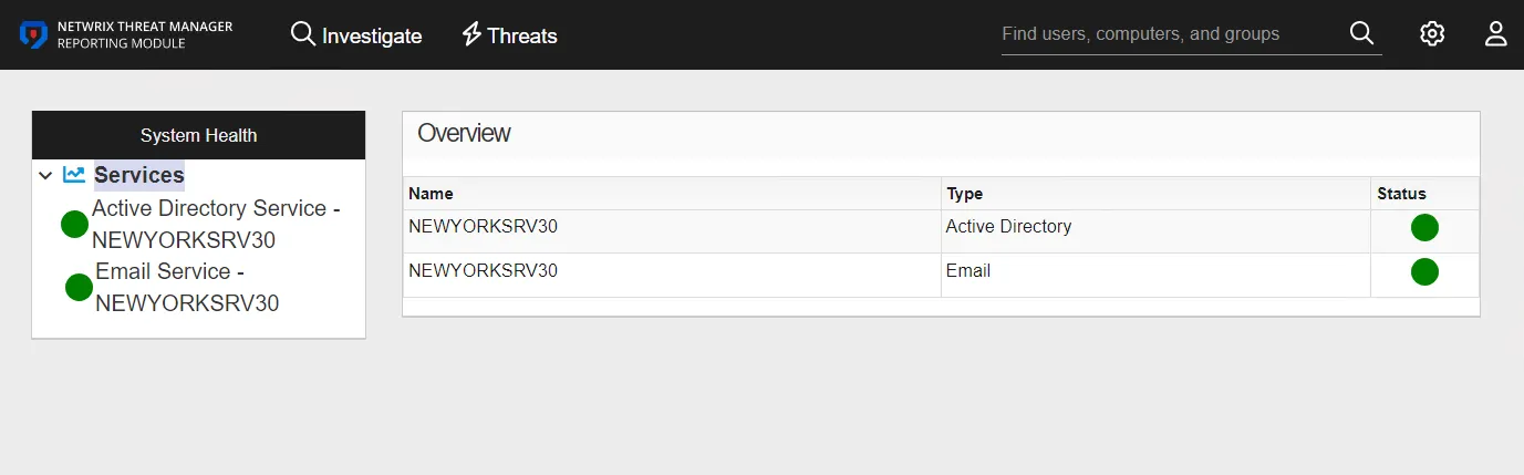 System Health interface showing the Services page