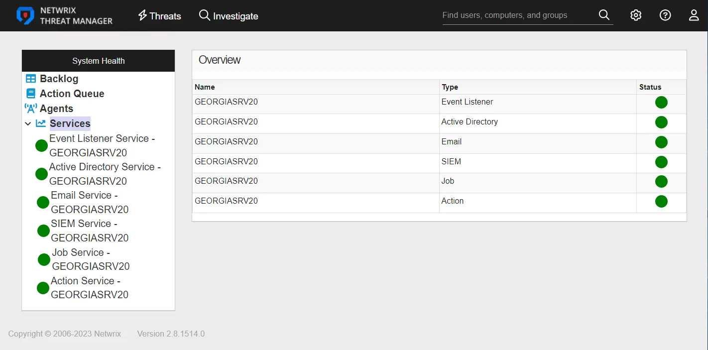 System Health interface showing the Services page