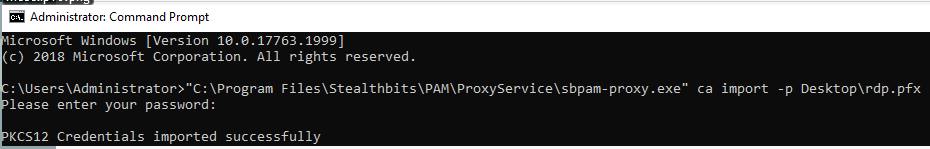 Command Prompt showing sbpam-proxy.exe ca import command