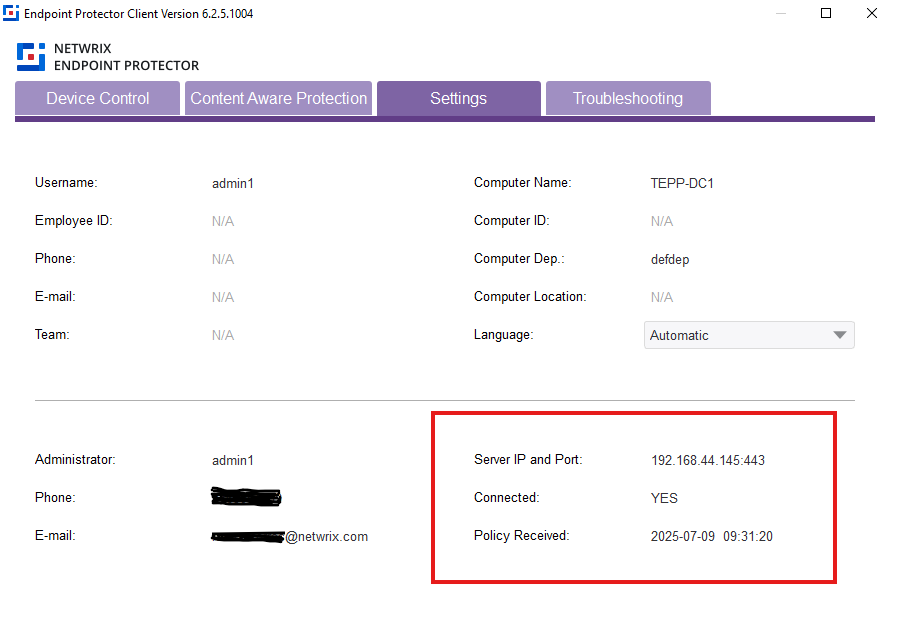 EPP agent settings and version check