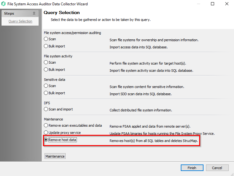Query Selection page with Remove host data option