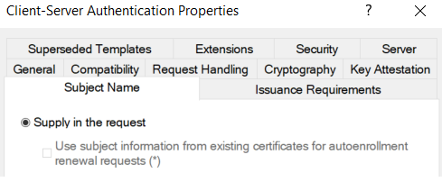 Subject Name tab with Supply in the request option selected