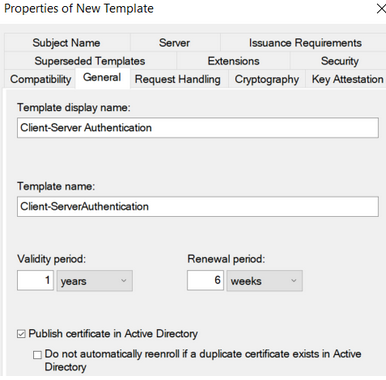 General tab of template properties with name and publish option highlighted