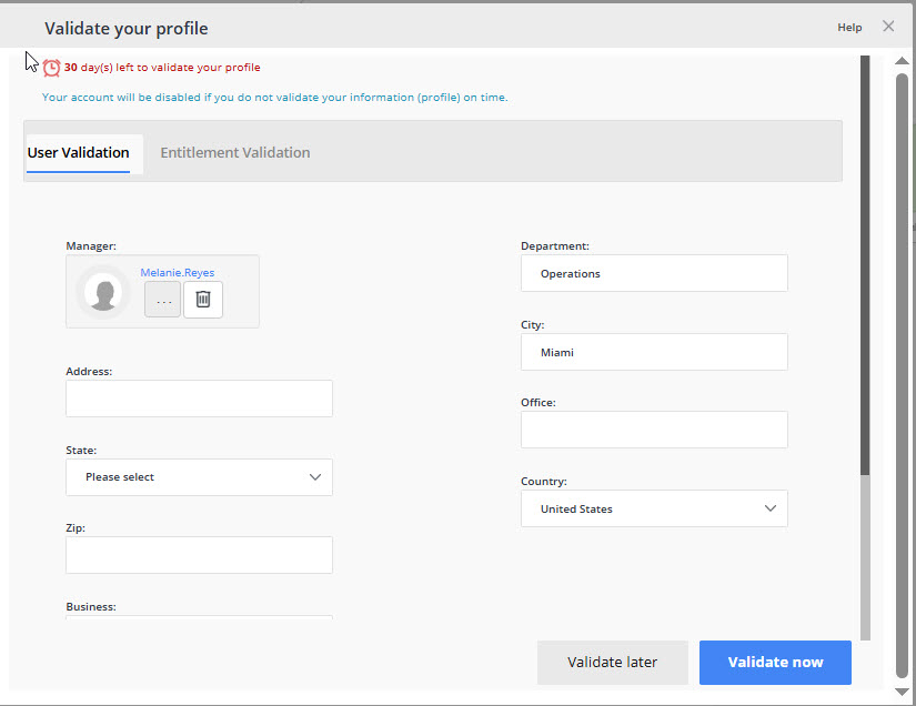 Validate Profile Properties window in Directory Manager portal