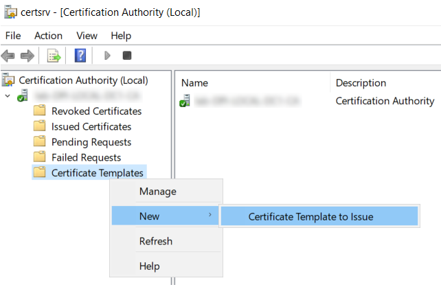 Certification Authority with Certificate Template to Issue option highlighted
