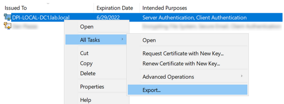 Certificate export context menu