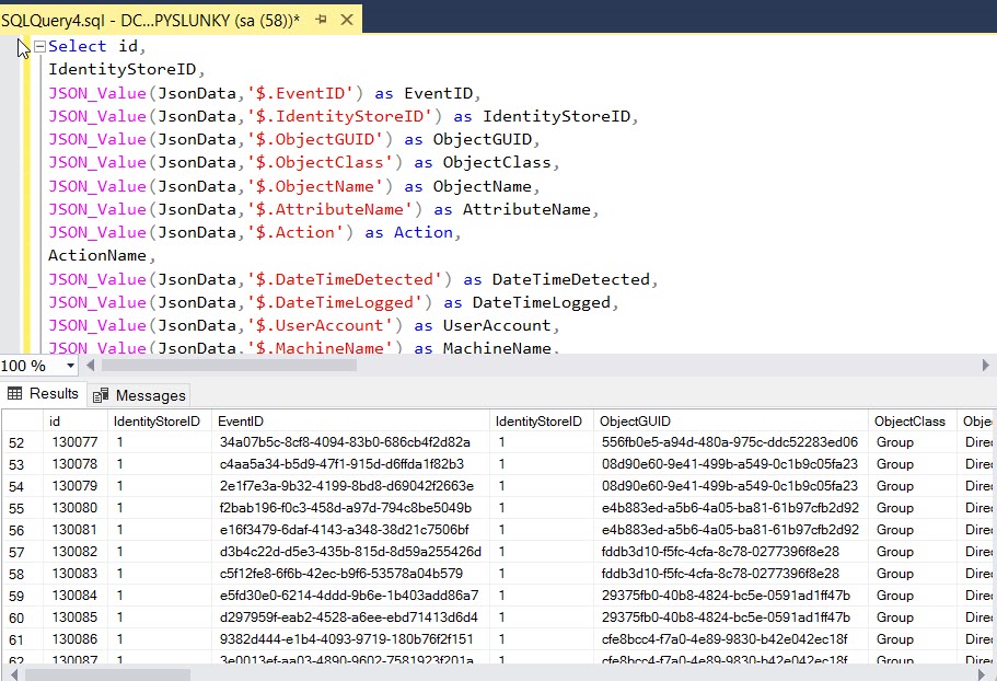 Query results showing history events in SQL Management Studio
