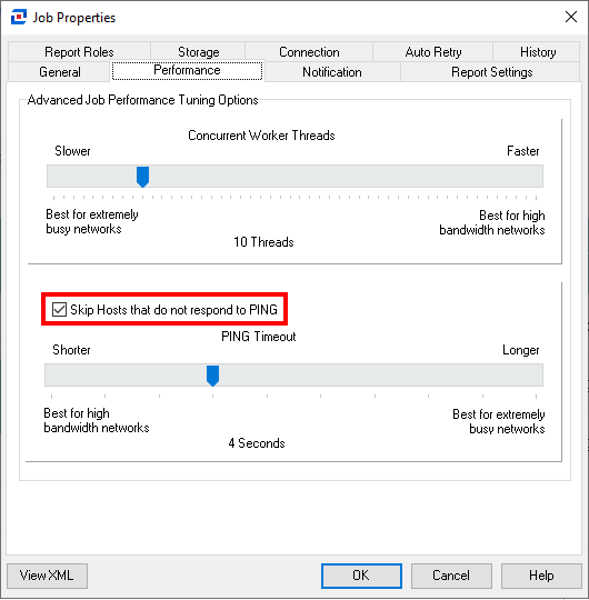 Performance tab with Skip Hosts that do not respond to the PING option