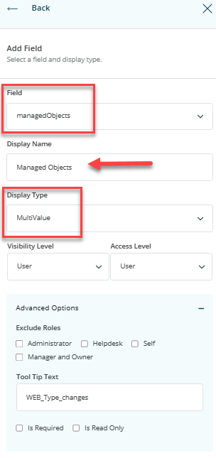Configuring managedObjects field as MultiValue
