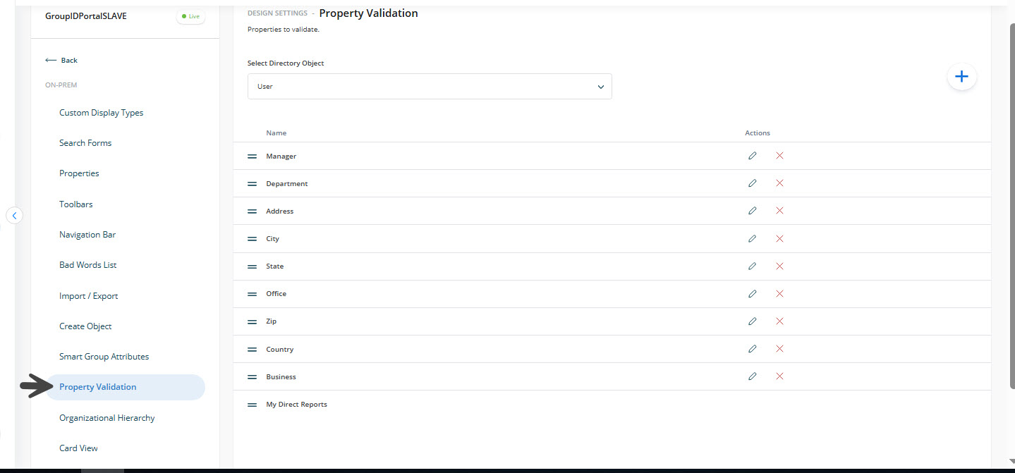 Property Validation tab in Directory Manager portal settings