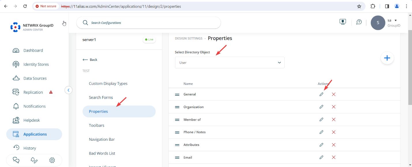 Editing General properties in Directory Manager