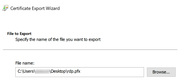 Export dialog with rdp.pfx file name entered