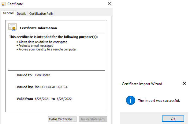 Certificate installation wizard with default options