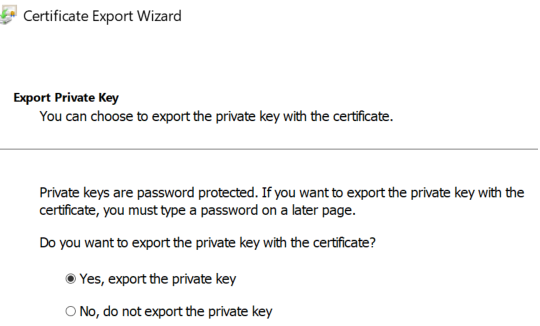 Certificate Export Wizard with Export Private Key option selected