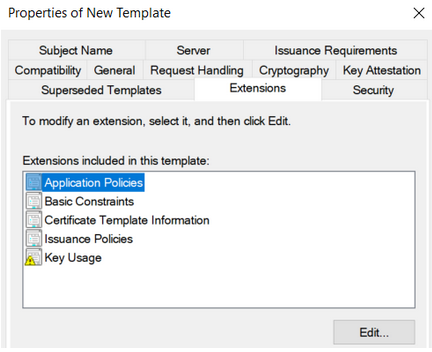 Extensions tab with Application Policies and Server Authentication highlighted