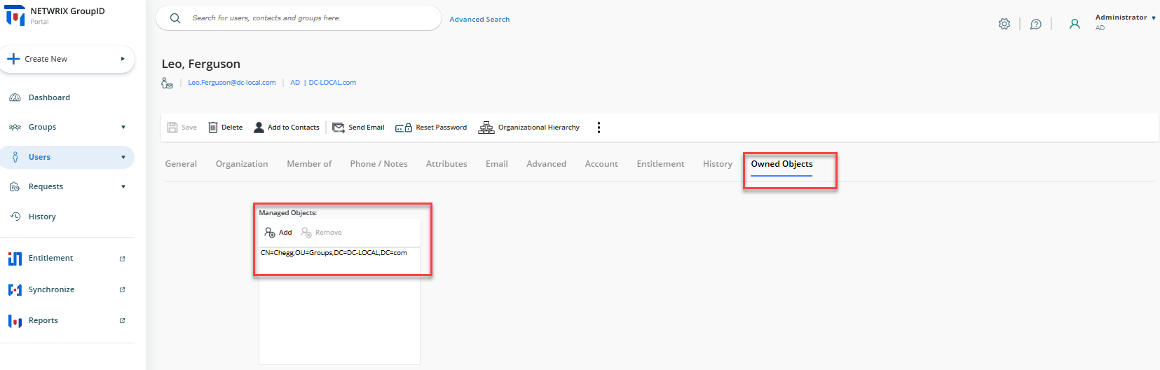 Owned Objects tab in User Properties showing groups owned by the user