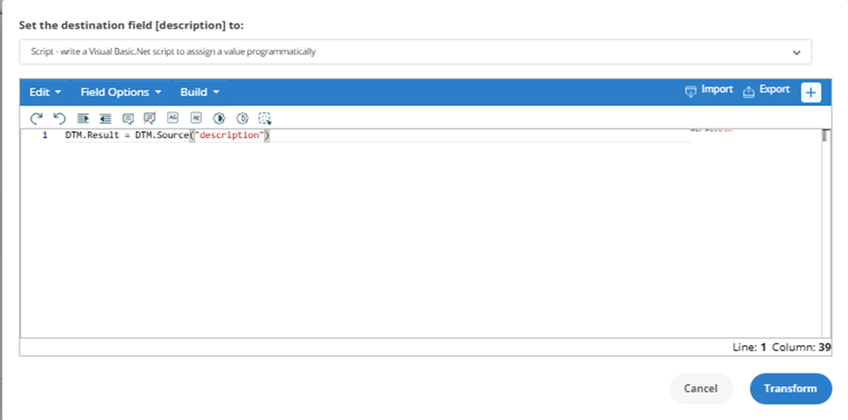Transform dialog box with Script option selected in dropdown menu