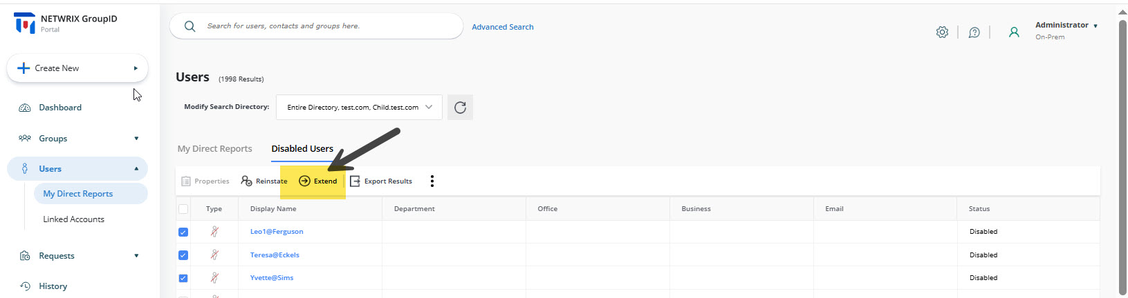 Disabled Users tab and Extend option in Directory Manager portal
