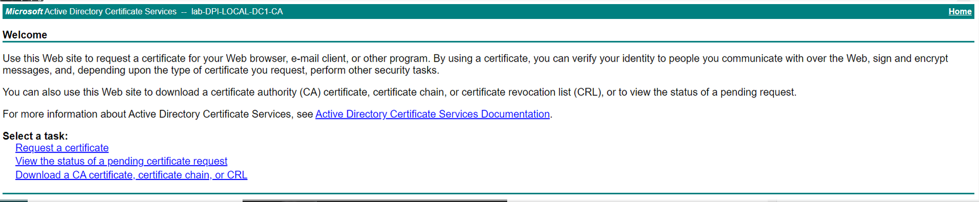 Certificate Services web enrollment home page