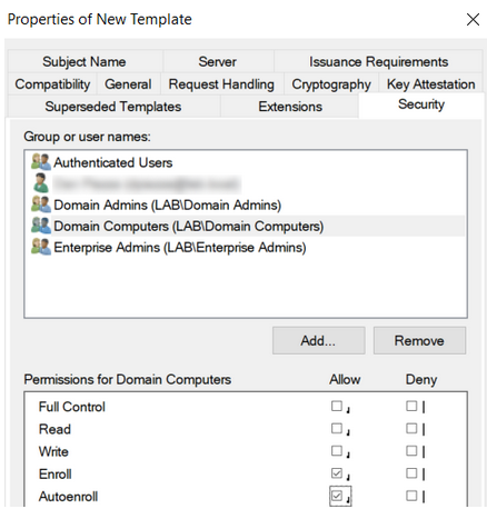 Security tab with Domain Computers and Autoenroll option checked