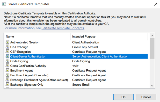 Certificate Template selection dialog with Client-Server Authentication selected
