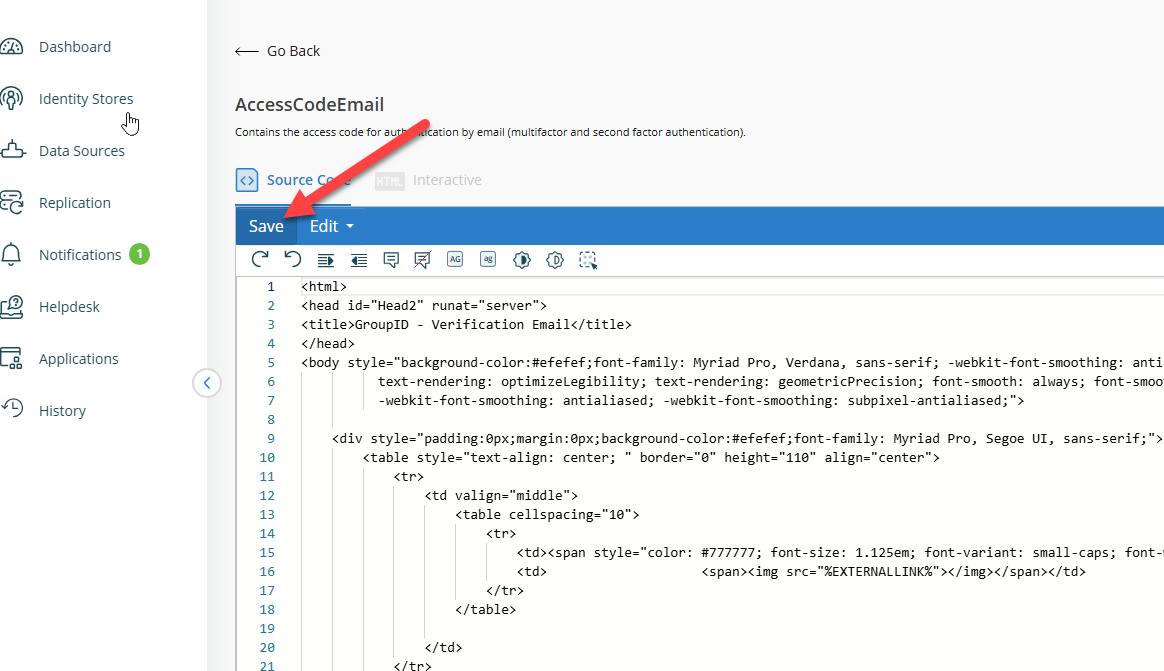 Editing and saving a notification template in Directory Manager