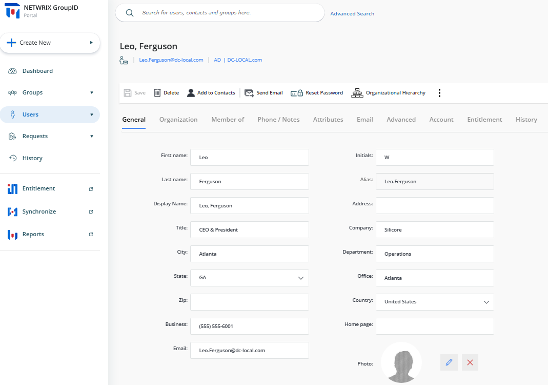 Default user properties page in Directory Manager portal